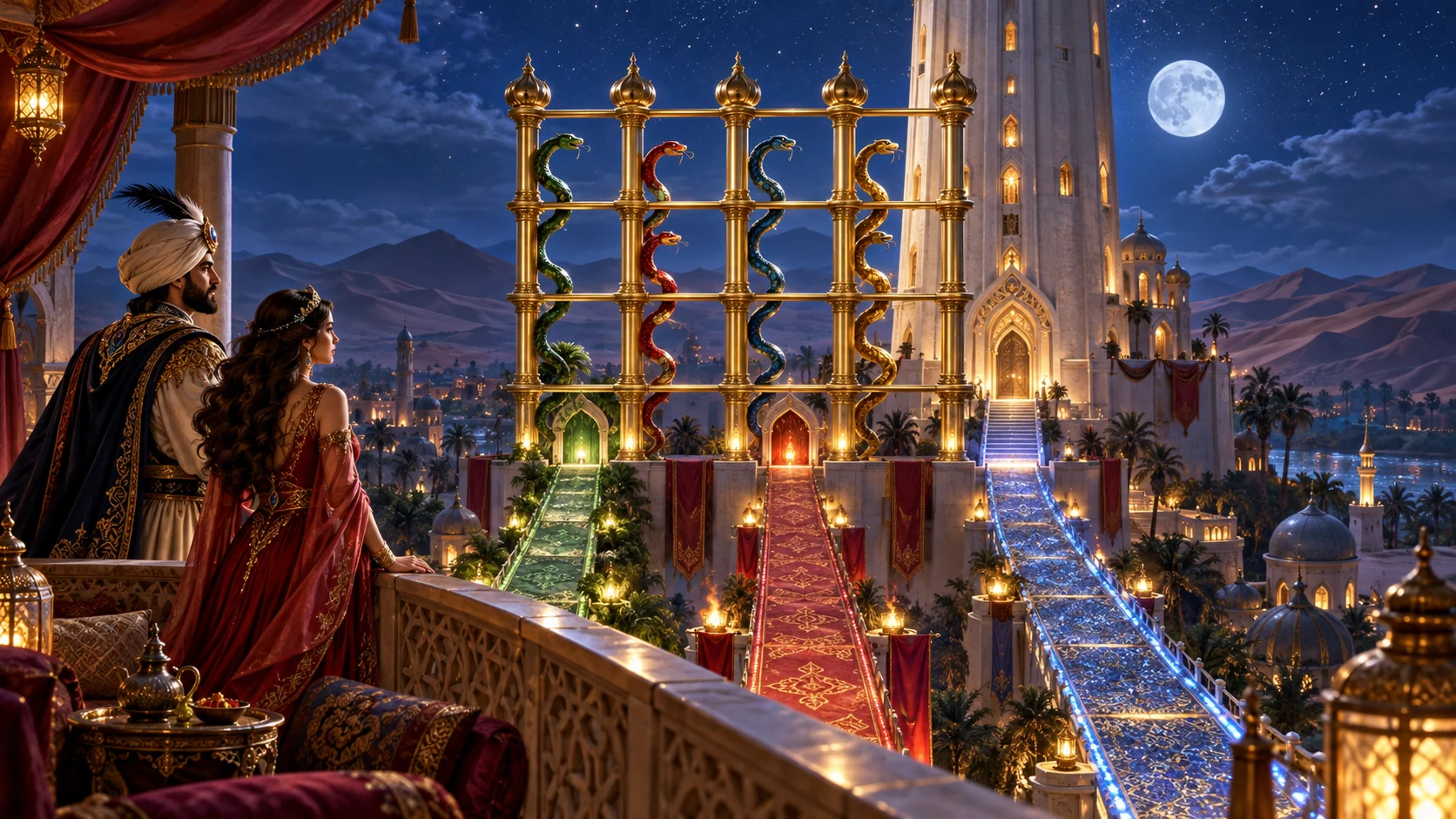 Original editorial artwork of a caliph and princess overlooking a moonlit tower and a five-by-four golden snake lattice