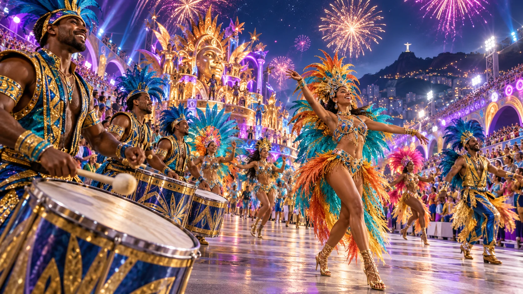 Original editorial artwork of an adult samba ensemble and percussionists moving through a vivid night carnival avenue in Rio