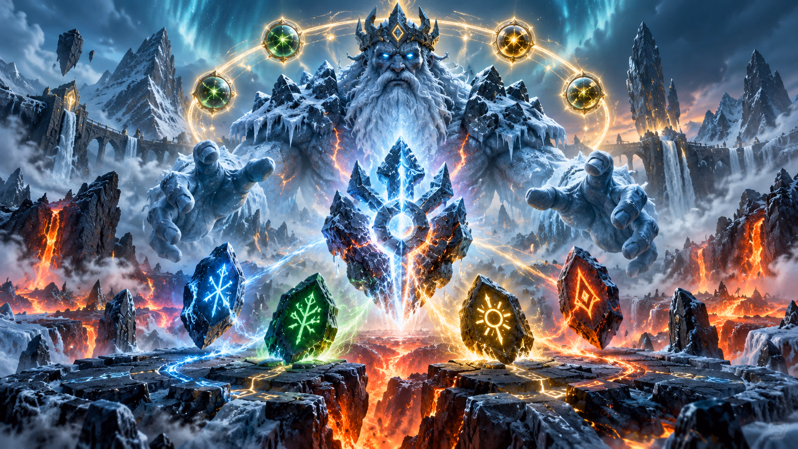 Original Norse frost giant above four glowing rune stones, Asgardian orbs and a volcanic ice battlefield