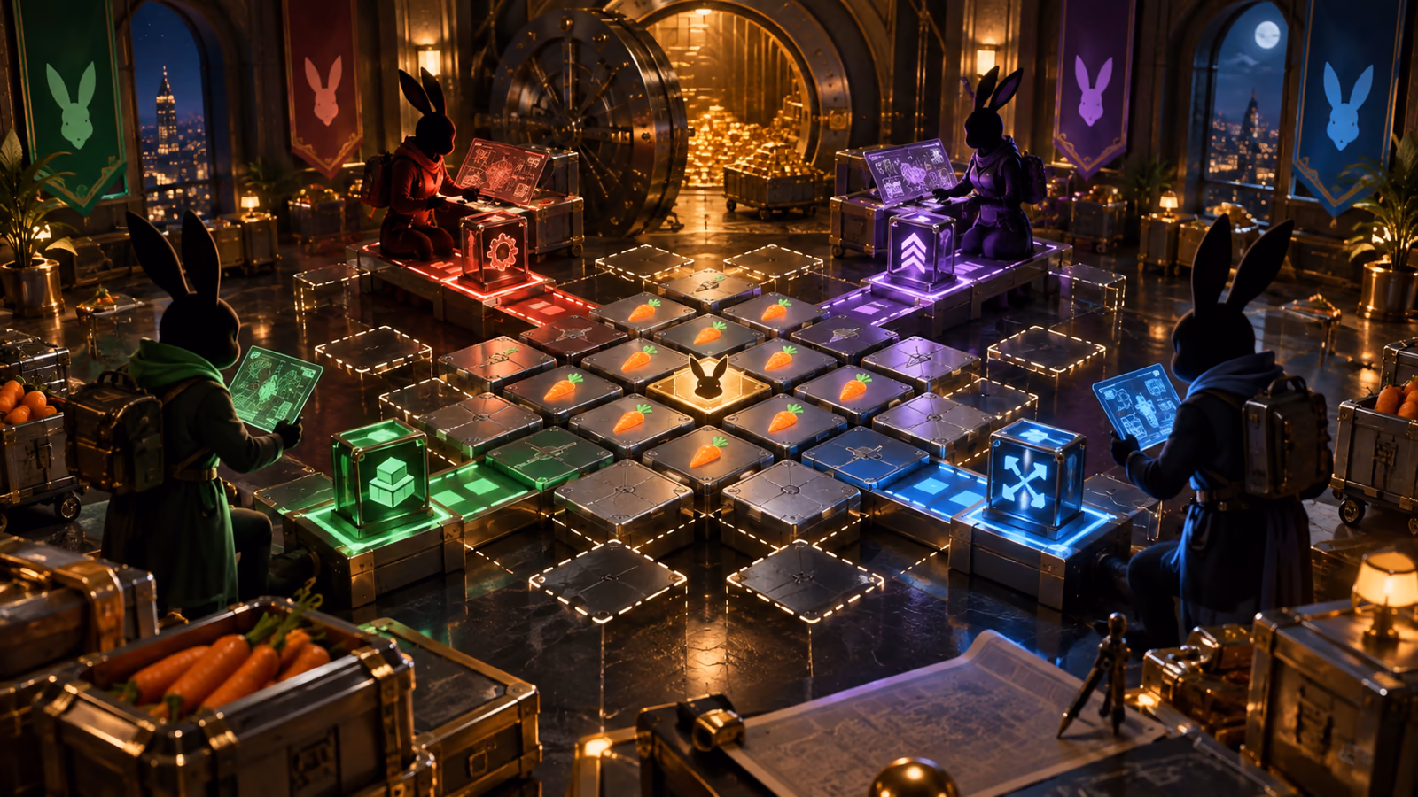 Original editorial rabbit heist control room with expanding grid and coloured routes