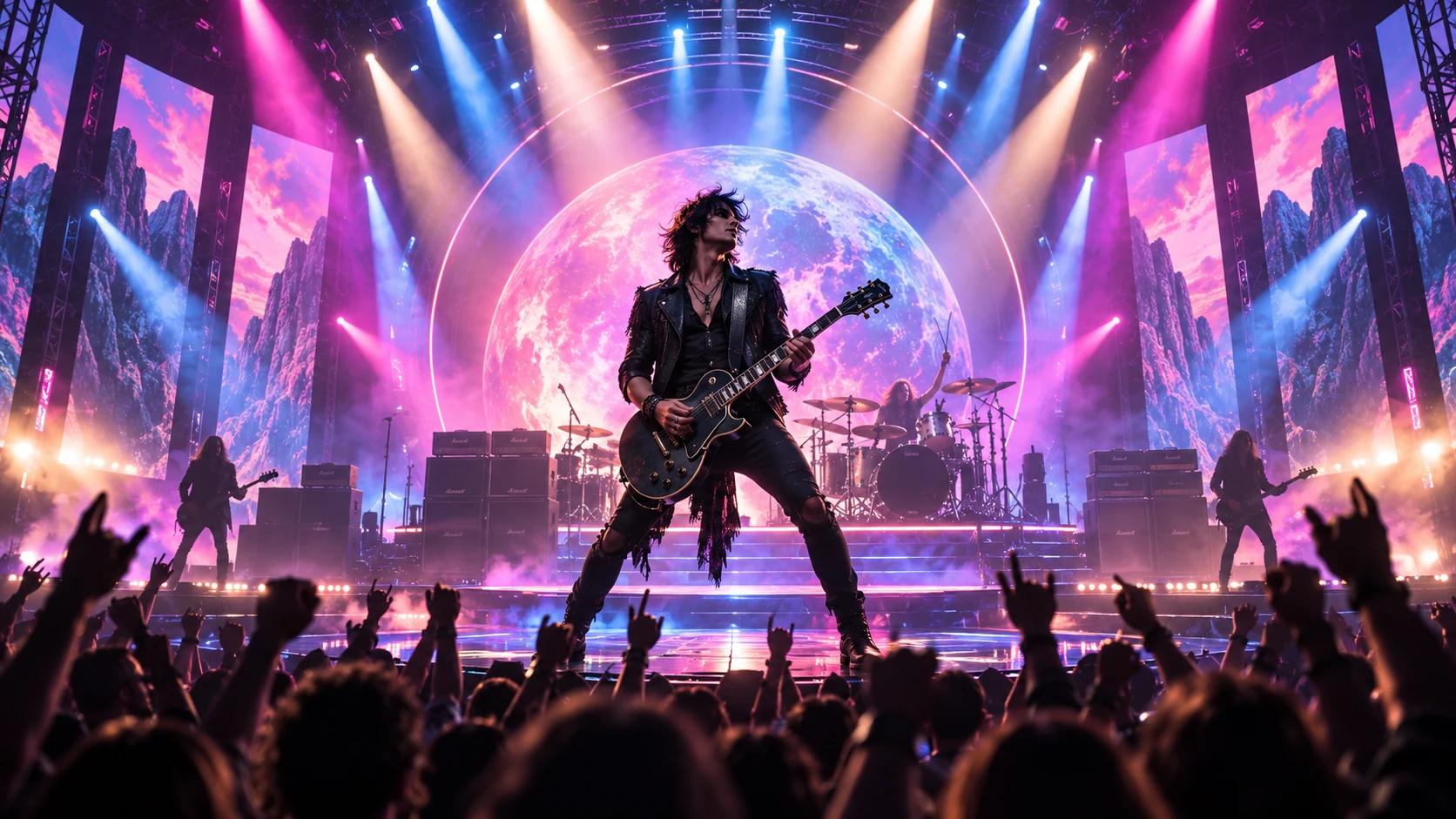 Original editorial artwork of a fictional guitarist performing on a neon concert stage