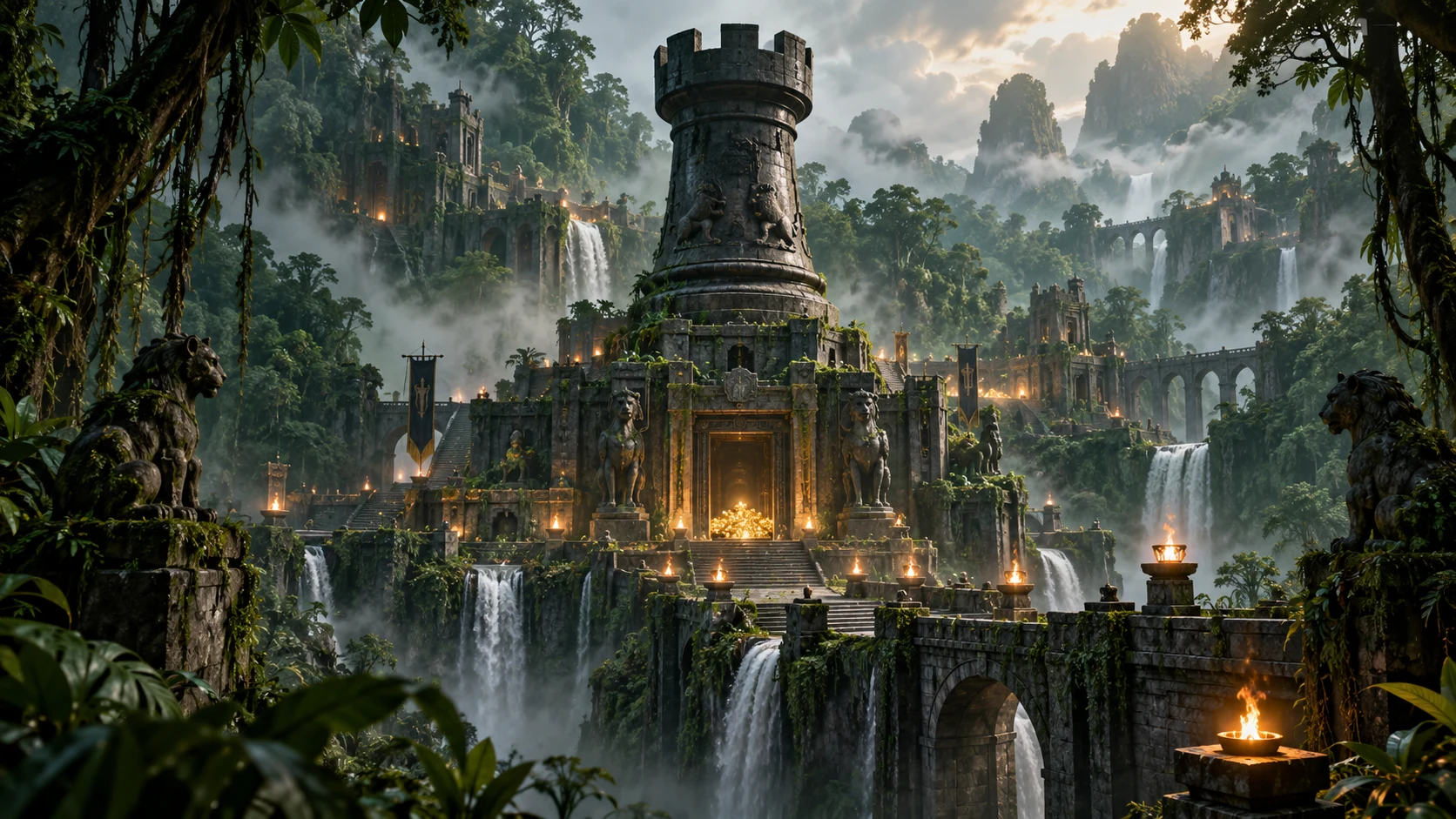 Original editorial artwork of a monumental stone rook above a jungle treasure fortress