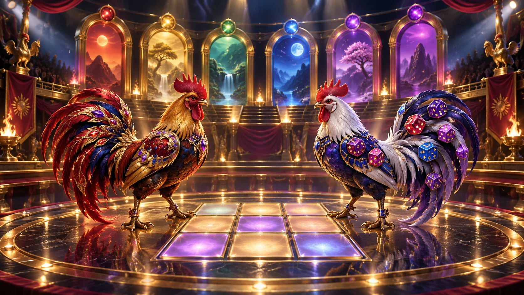 Original editorial artwork of two ornate rooster mascots beside a three-by-three arena floor