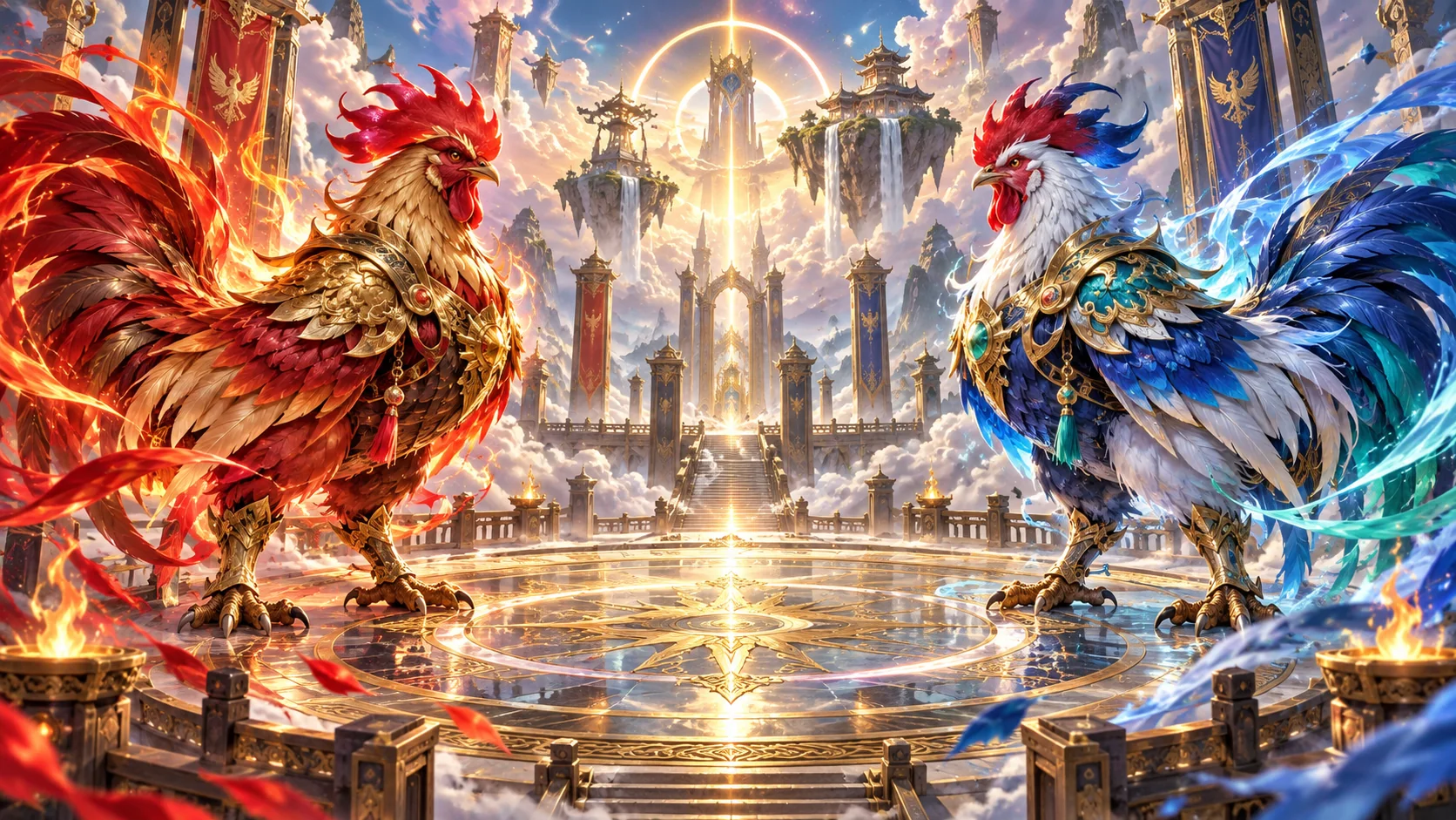 Original editorial artwork of two mythical rooster guardians facing across a luminous celestial arena
