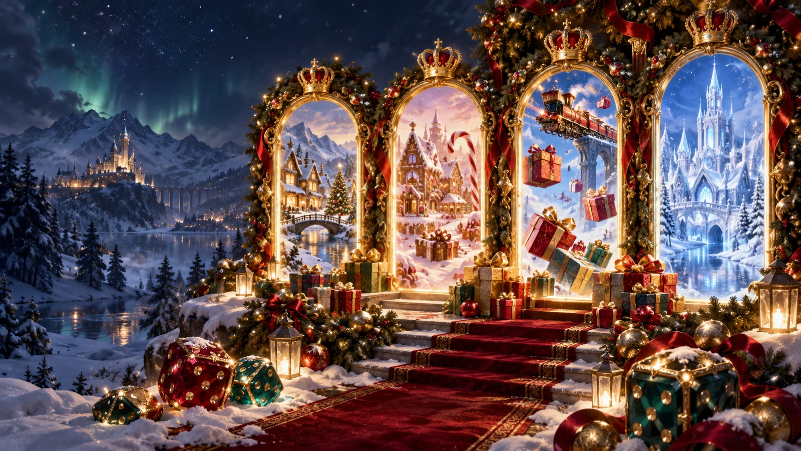 Original artwork of four Christmas fantasy portals with wreaths, gifts, jewel dice and a snowy palace