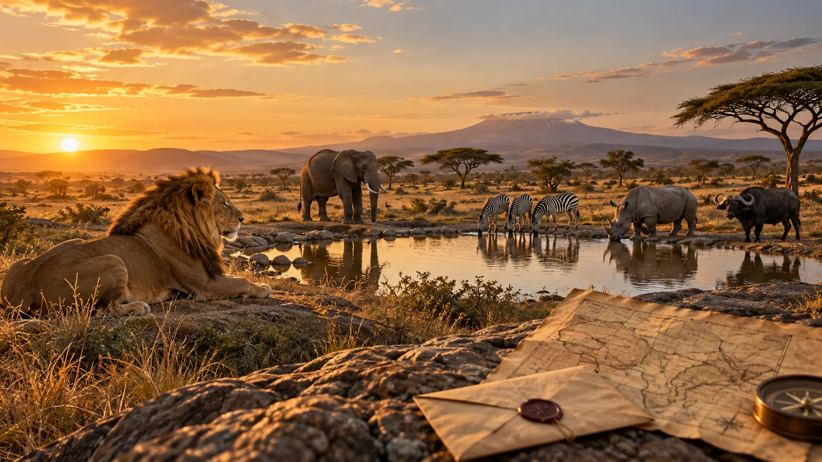 Original editorial wildlife photograph of animals at a savannah watering hole