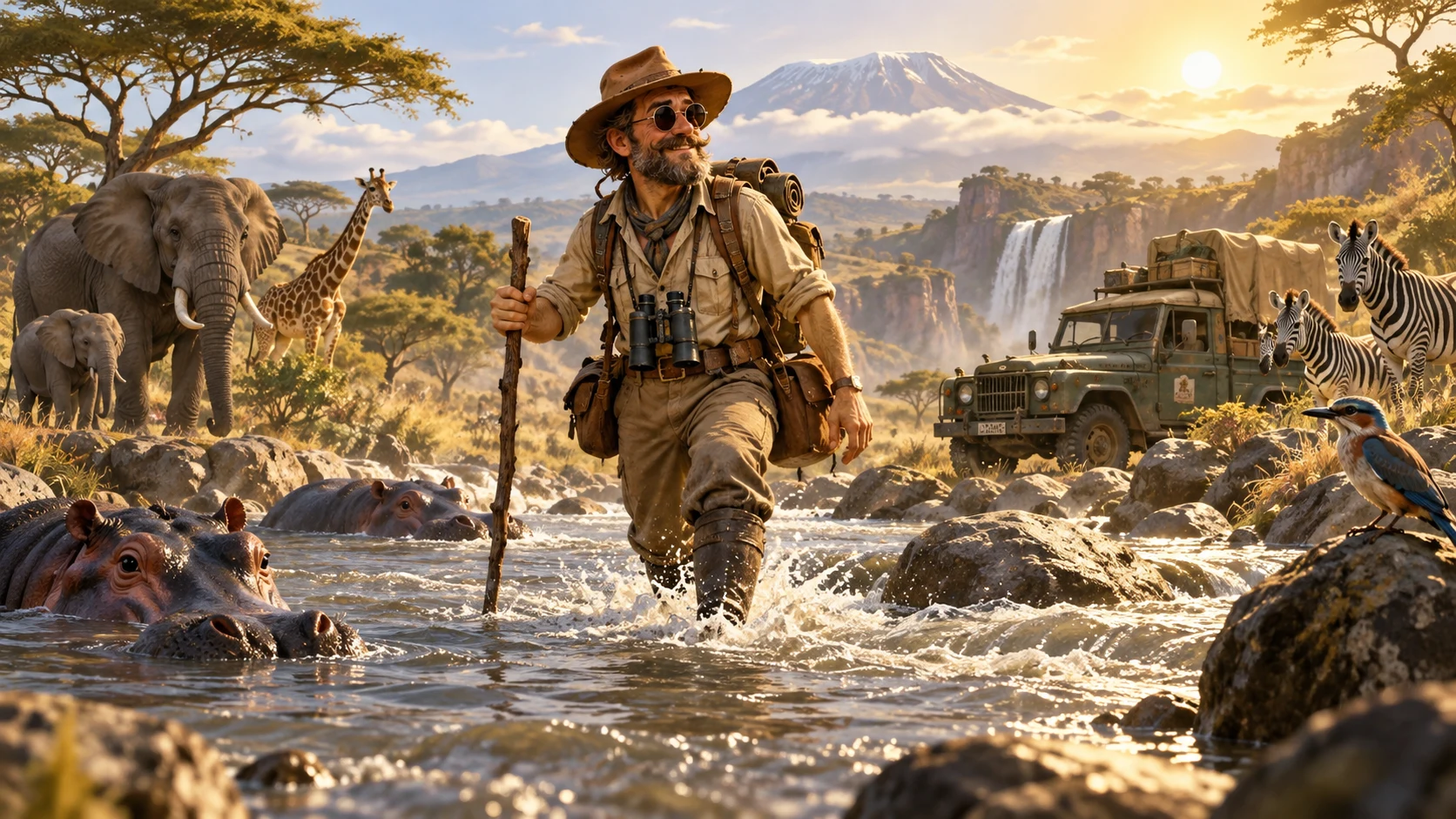Original editorial artwork of a fictional safari explorer crossing an African river among wildlife