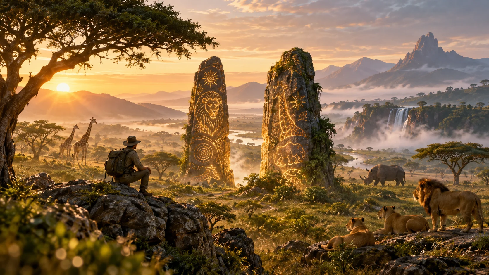 Original editorial artwork of a sunrise savanna, explorer, wildlife and two luminous carved stone totems