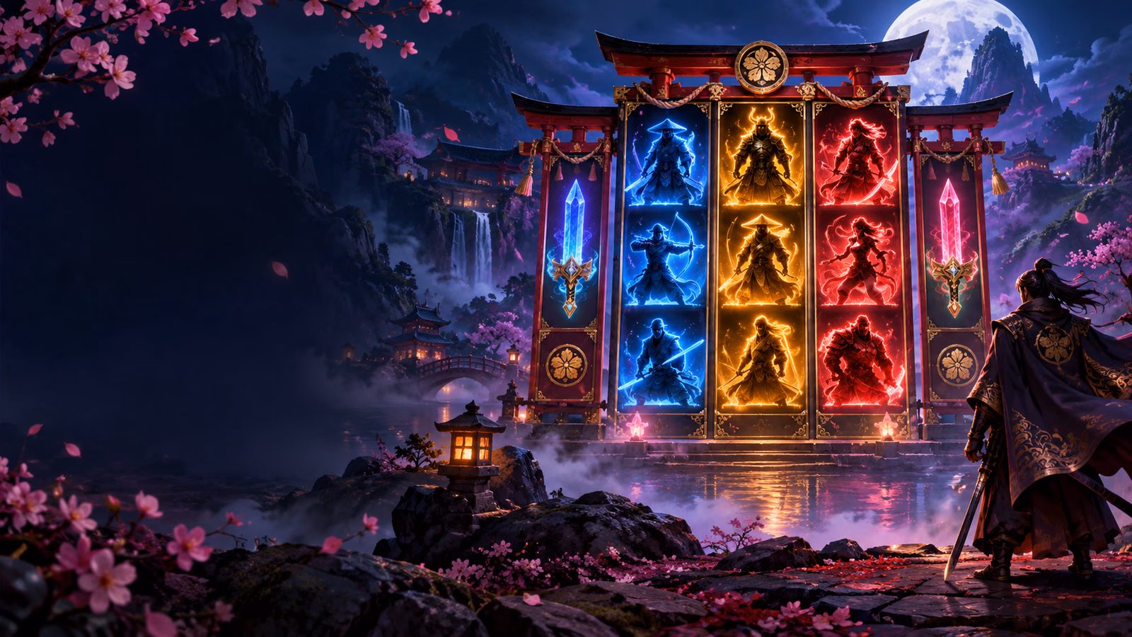 Original moonlit sword fantasy with five reel-like frames, stacked guardian silhouettes and glowing sword crystals