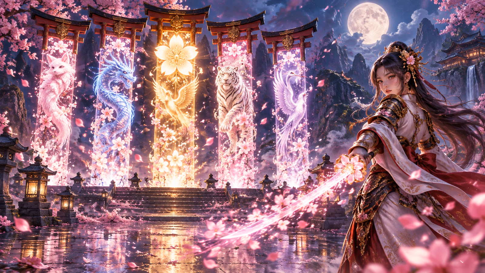 Original moonlit sakura shrine with five spirit columns and an armoured warrior princess