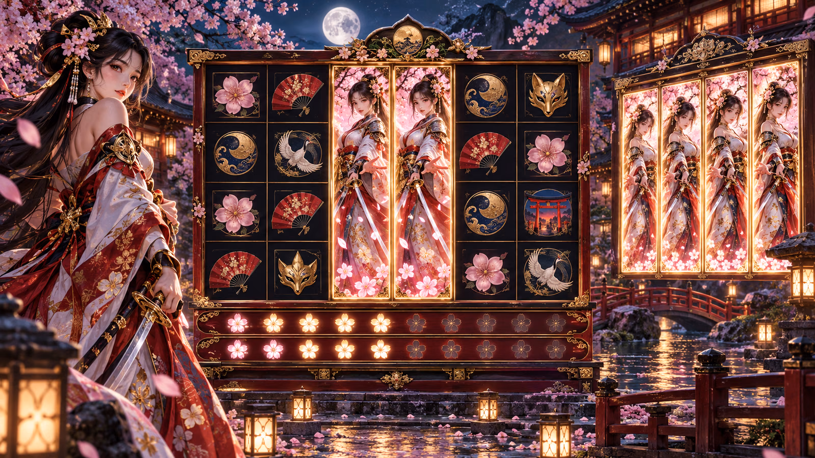 Original moonlit cherry courtyard with a four-by-five board, two full-height warrior Wilds and persistent illuminated Wild reels