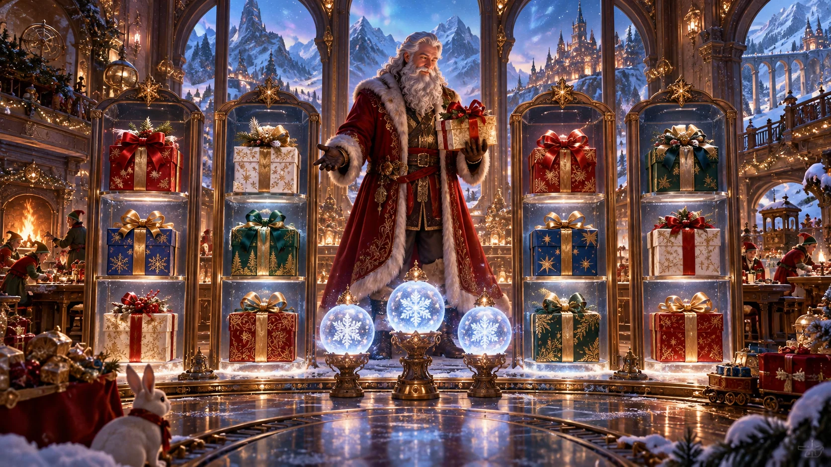 Original editorial artwork of a winter gift-maker among five display bays and snowball lanterns