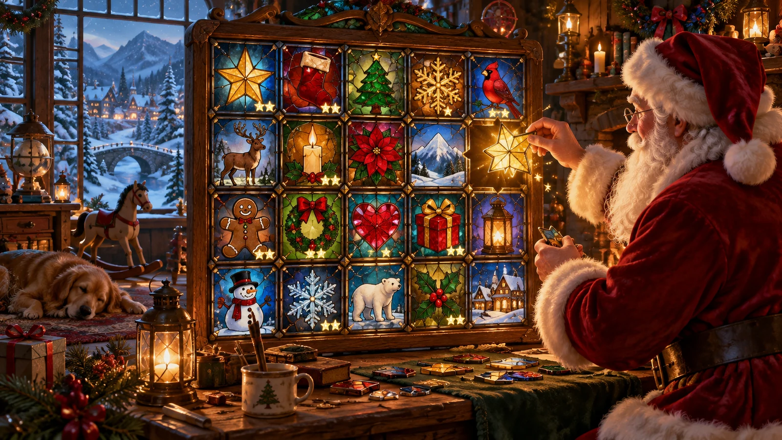 Original editorial artwork of Santa assembling a glowing five-by-four stained-glass puzzle