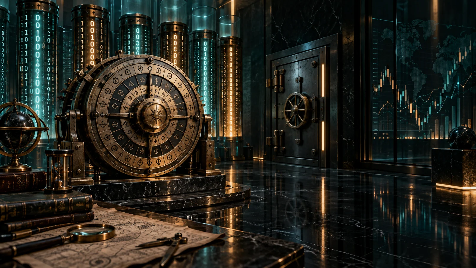 Original editorial artwork of a cyber-noir cipher vault with binary data towers