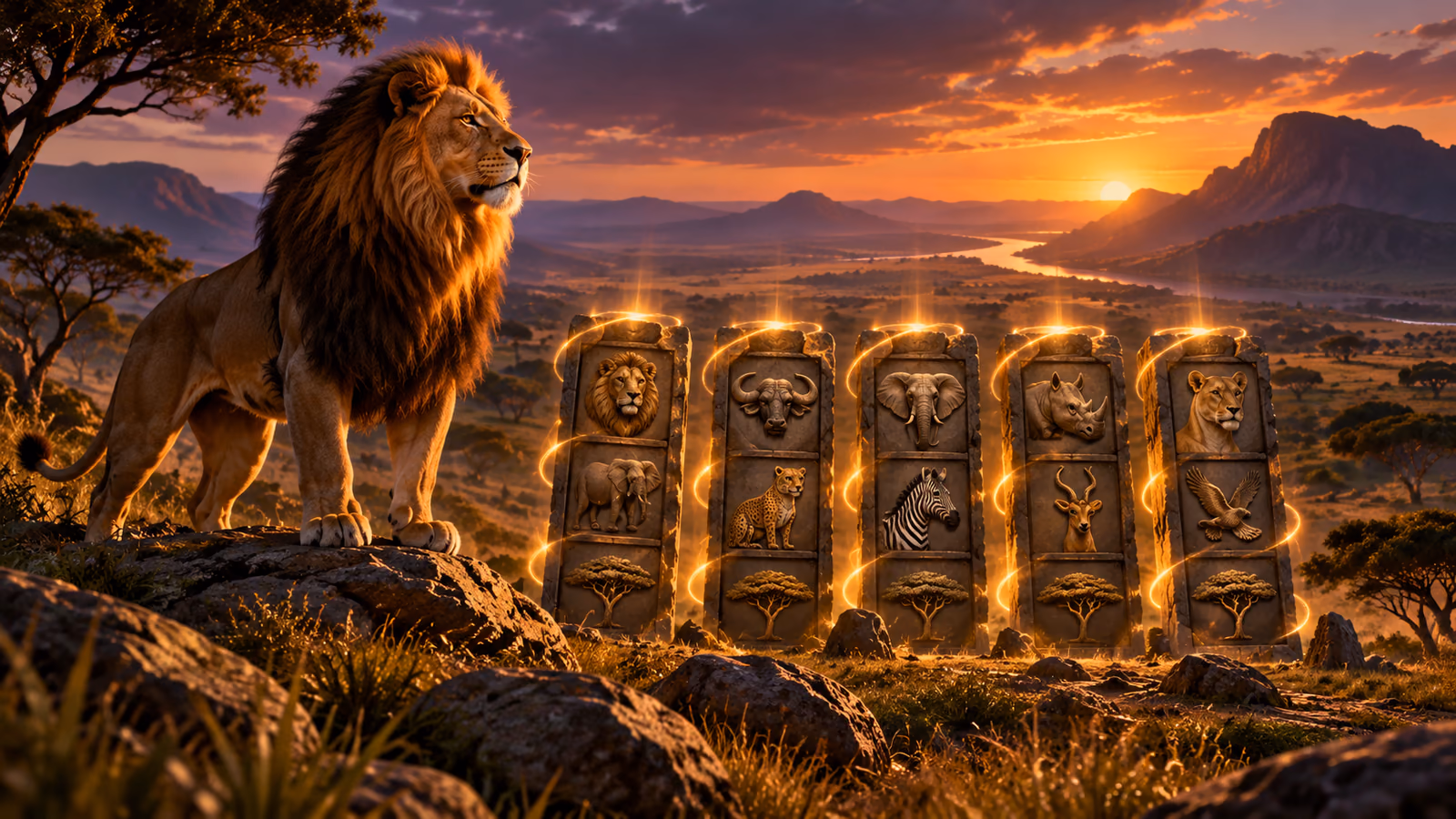 Original cinematic savannah with lion silhouette, five reel monuments and multiplier trails
