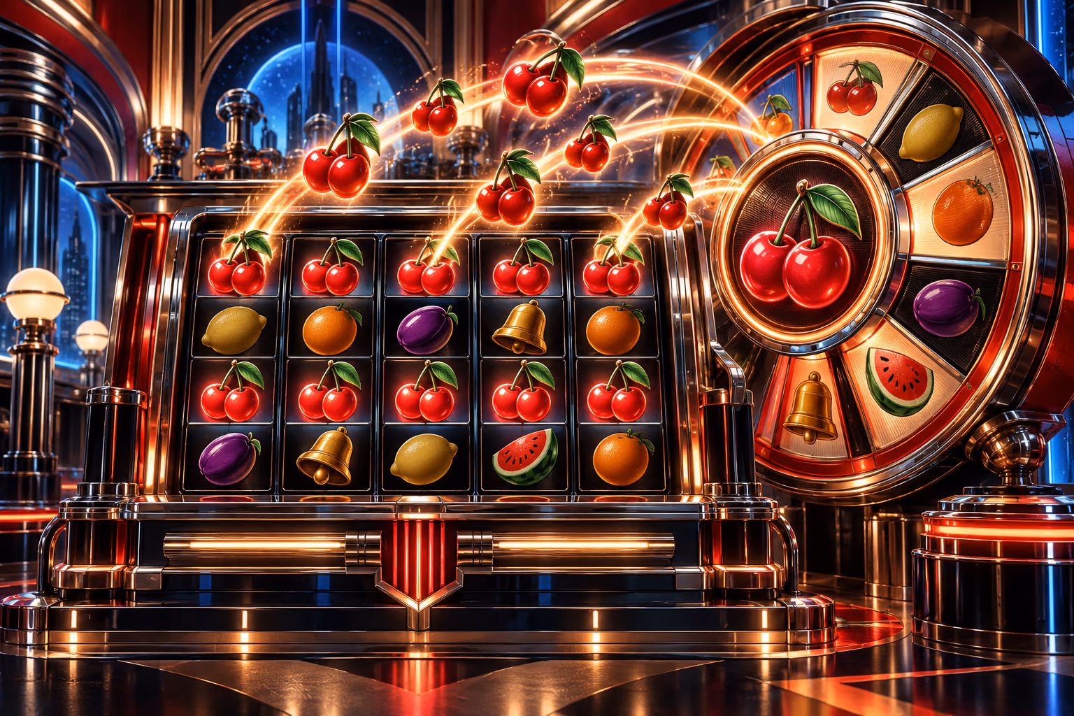 Original retro fruit machine with a matching outer wheel and duplicate cherry symbols flying onto the reels