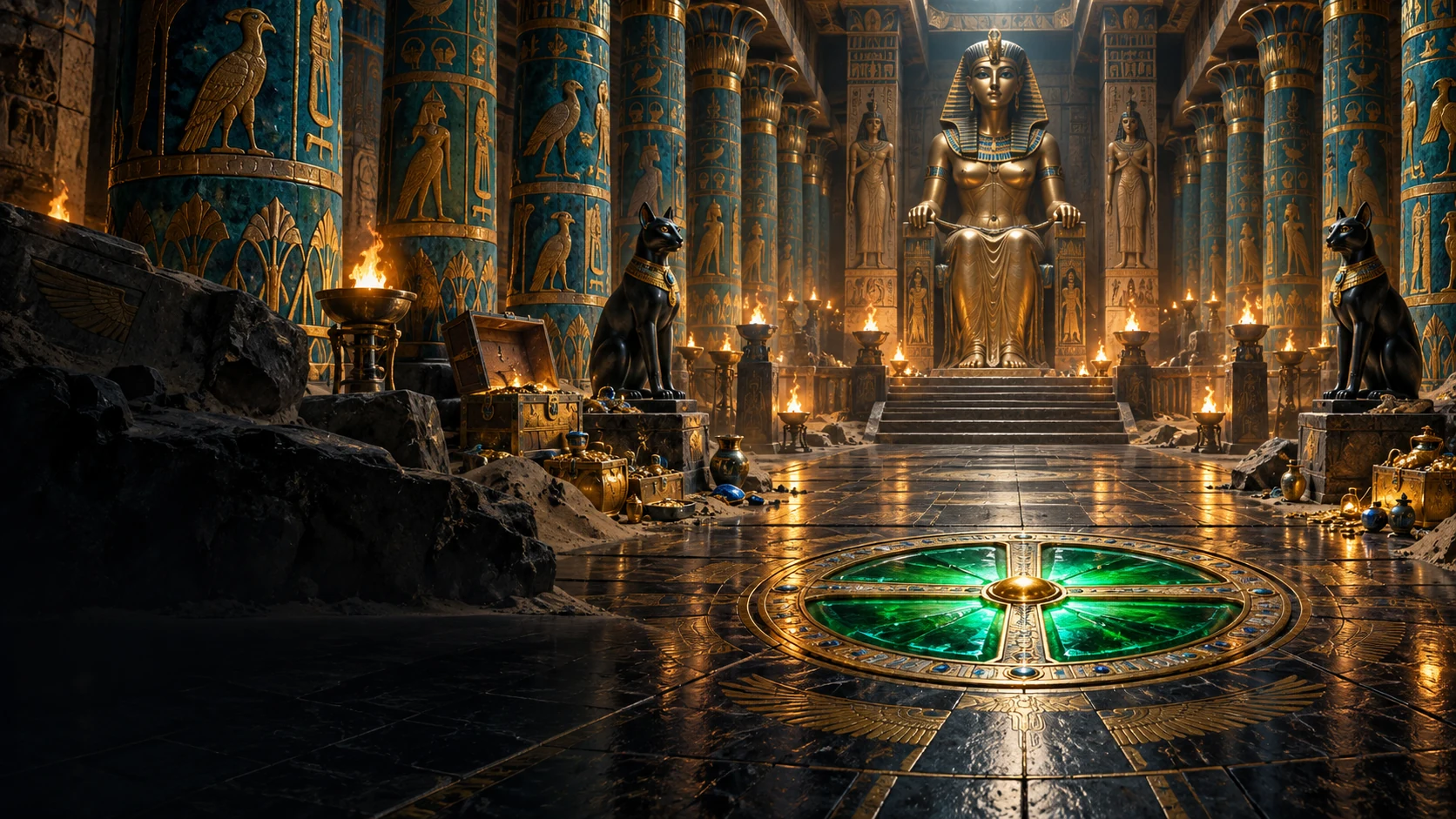 Original editorial artwork of a Cleopatra temple with an endless turquoise colonnade and ceremonial wheel
