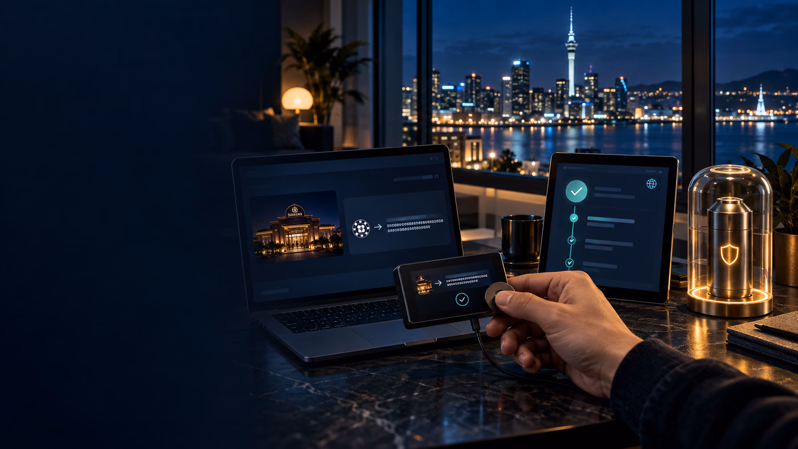 Original Auckland self-custody workspace with hardware-wallet confirmation, public receipt and sealed backup vault