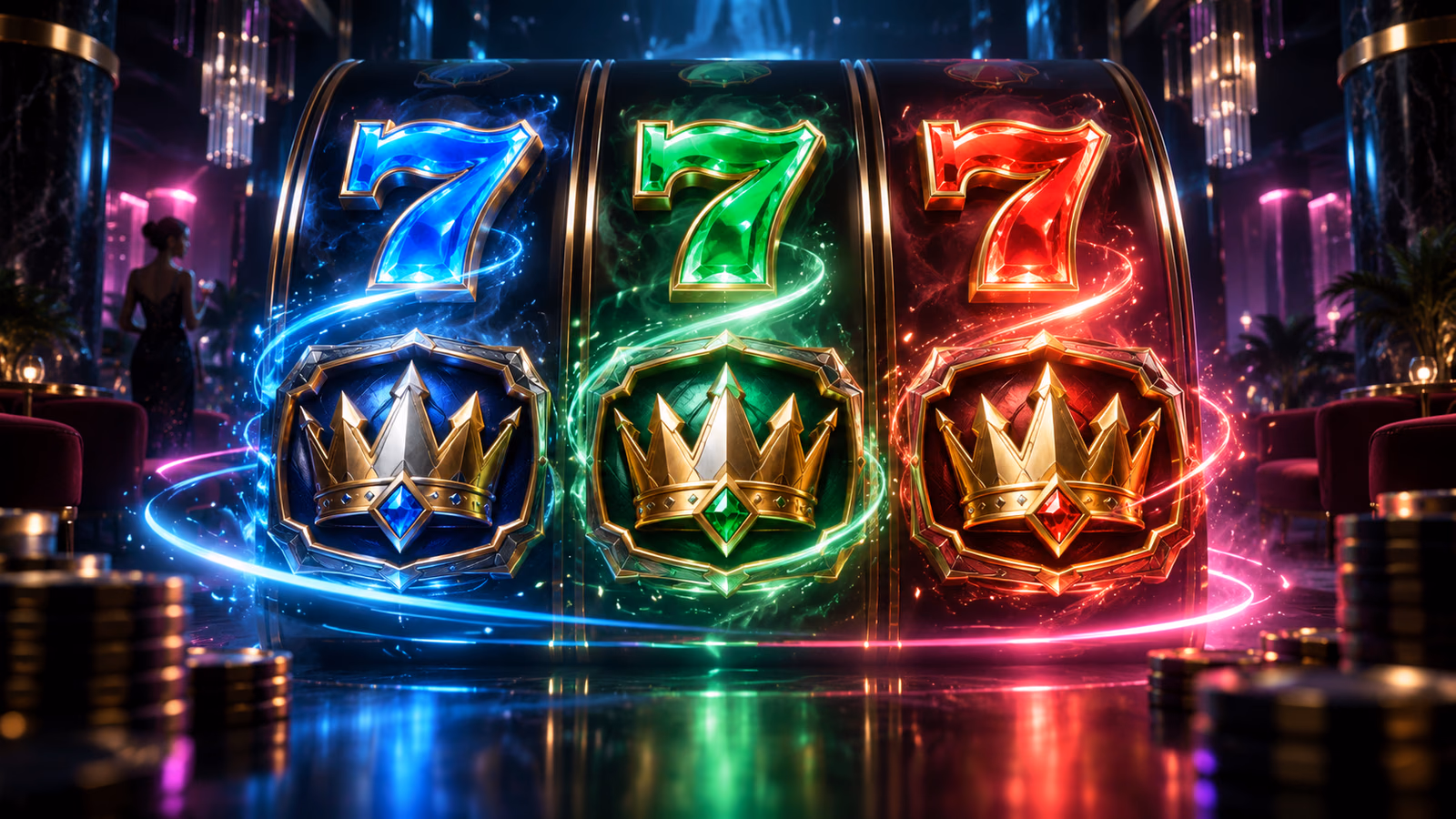 Original neon reel scene with blue, green and red Sevens transforming into crown-shaped Wild emblems