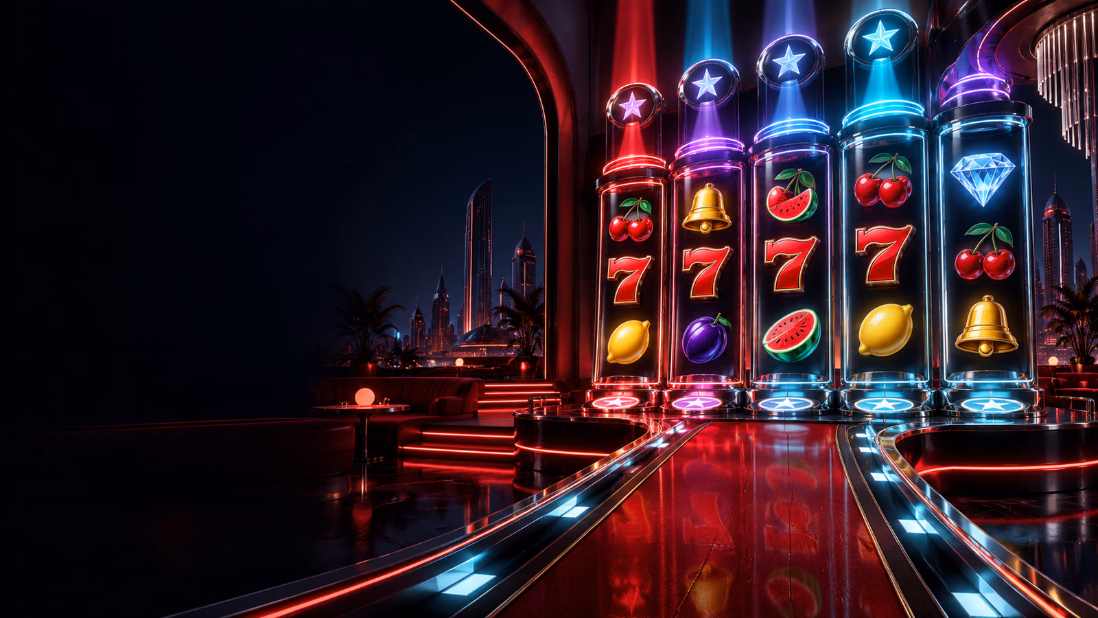 Original retro-futurist club with five reel columns, progressive red symbols and five scatter spotlights