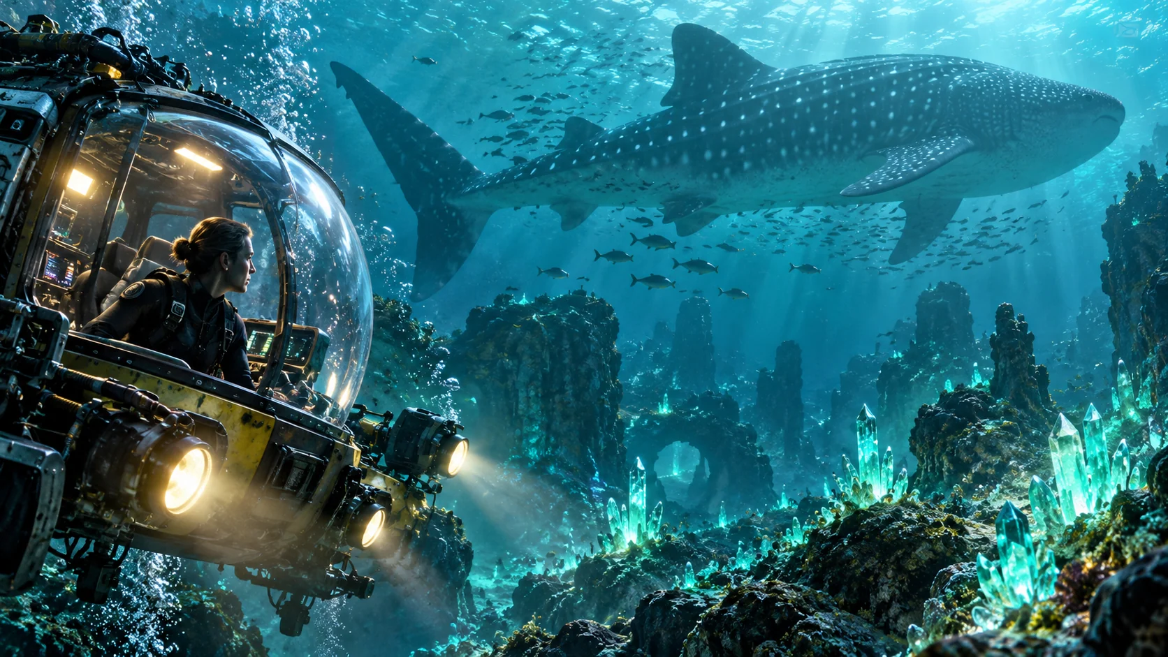 Original editorial artwork of a deep-sea researcher in a submersible observing a whale shark over luminous mineral formations