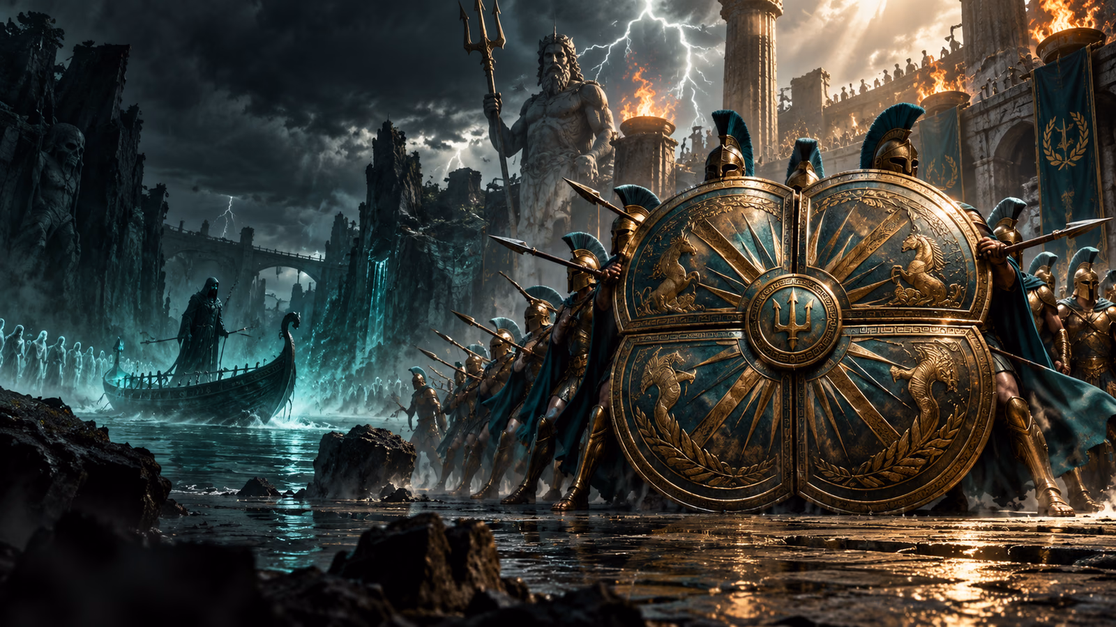 Original mythic shield wall with a colossal four-part bronze shield and a spectral river crossing