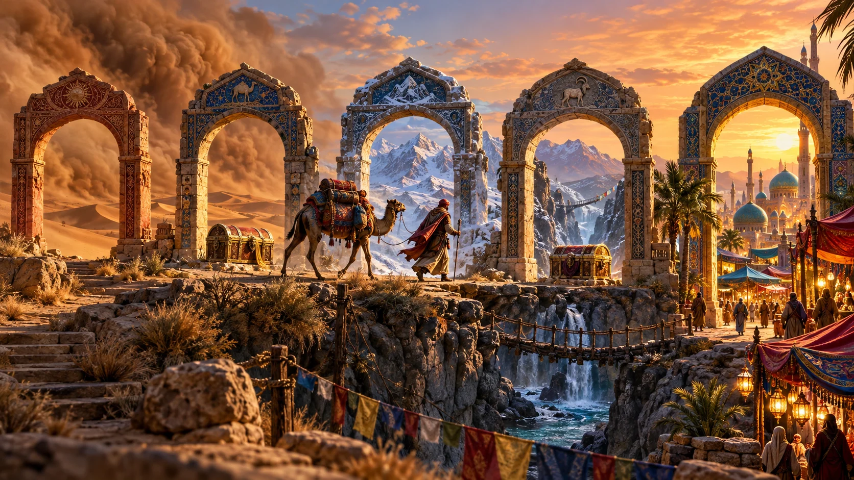 Original editorial artwork of a merchant and camel crossing five luminous arches from desert to a distant bazaar