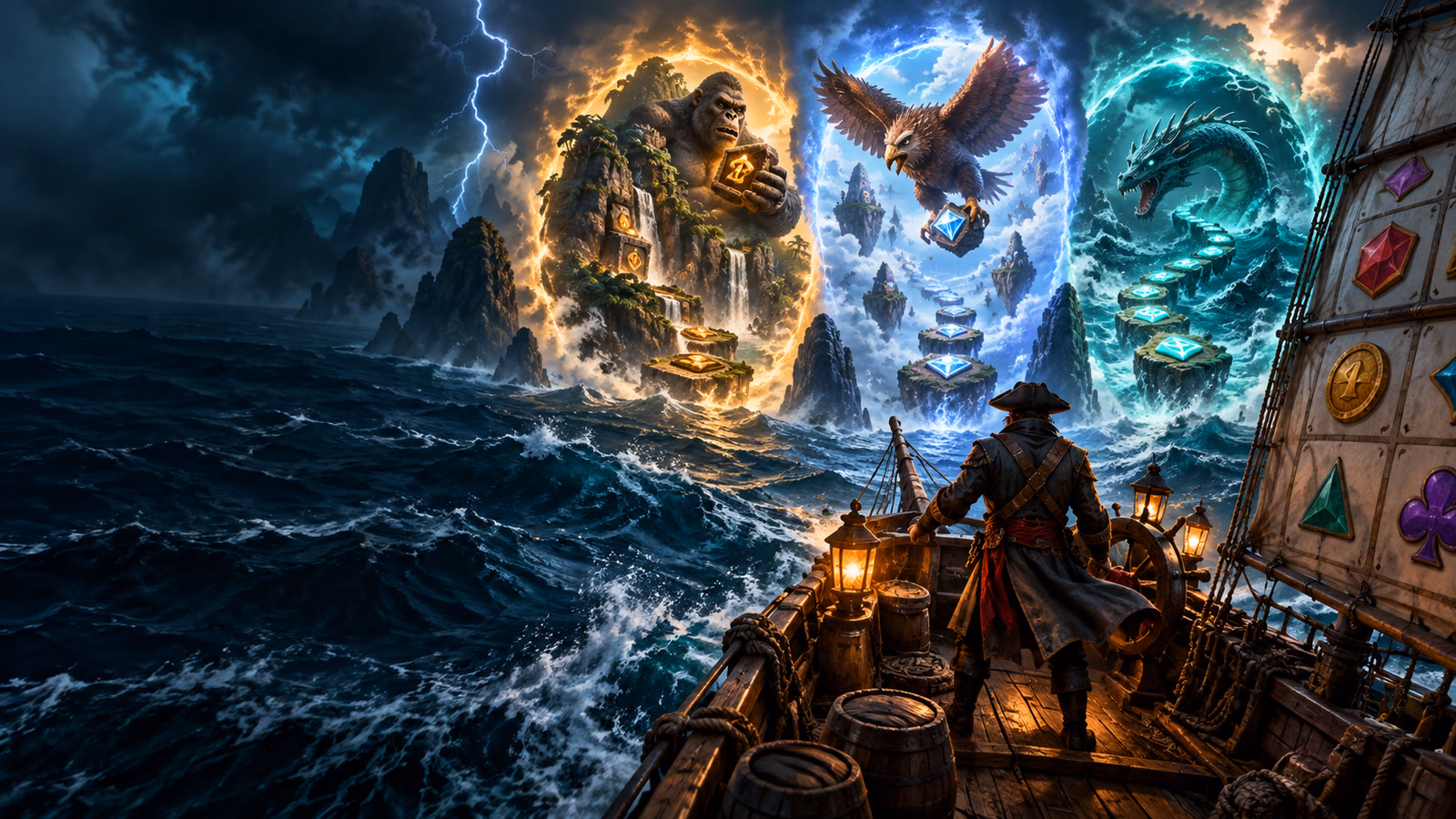 Original sailor at sea choosing between giant ape, roc and sea-serpent bonus portals