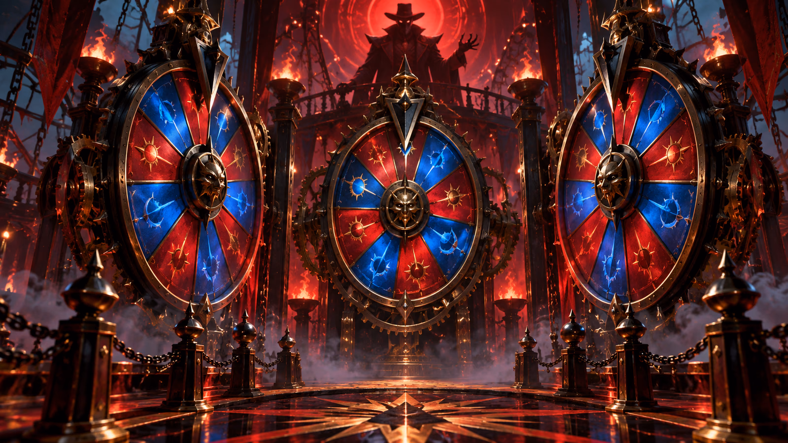 Original infernal carnival chamber with three blue-and-red mechanical wheels and a shadowy deal-maker
