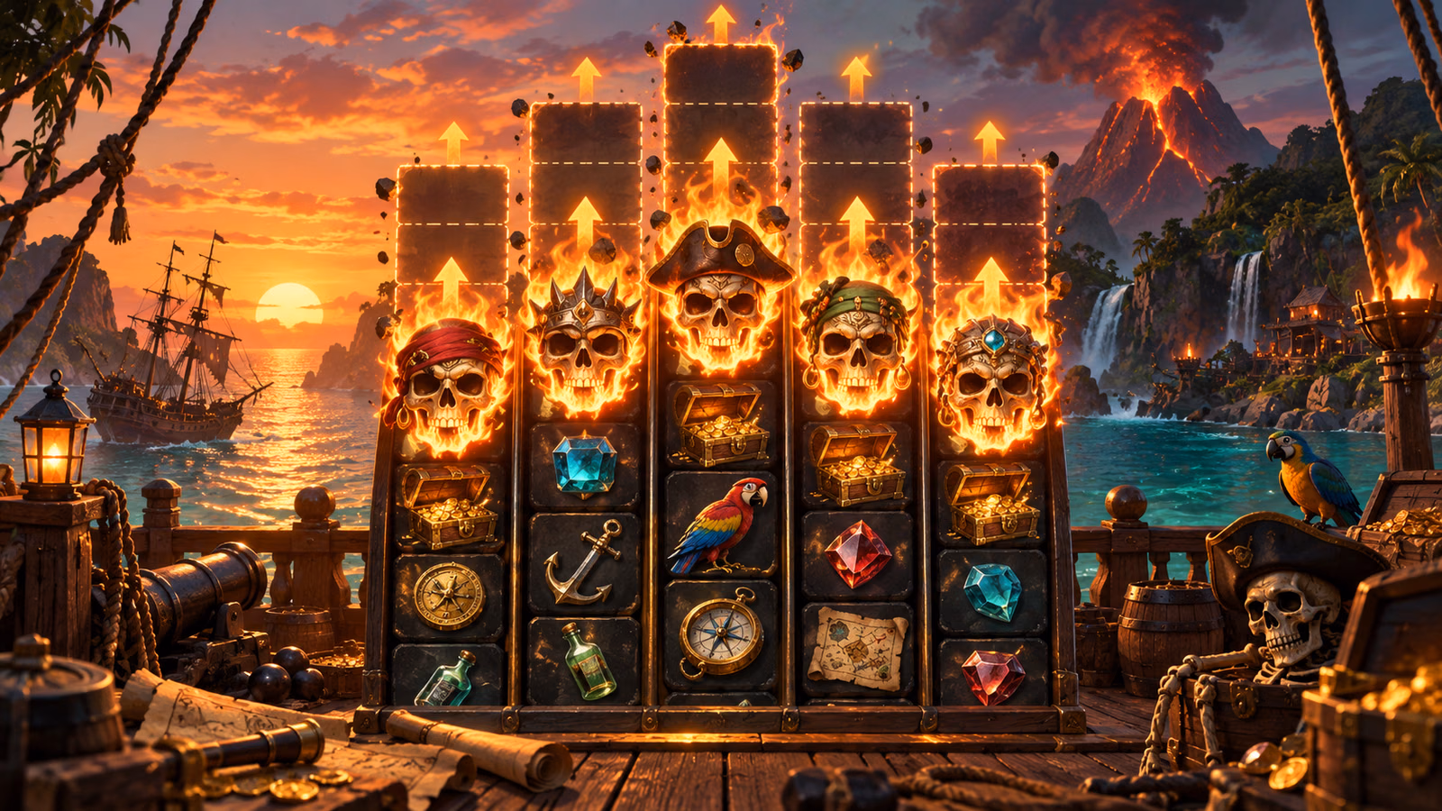 Original tropical pirate deck with flaming skull Wilds opening new positions above five reels