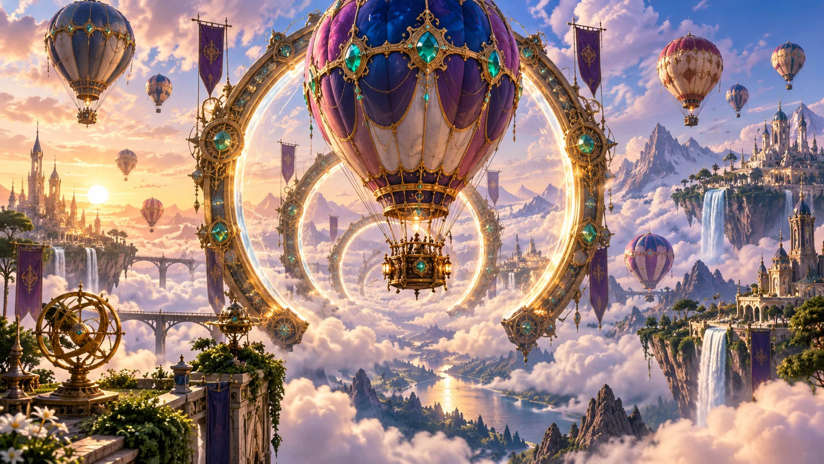 Original editorial artwork of a gemstone hot-air balloon flying through luminous mechanical gates above cloud cities
