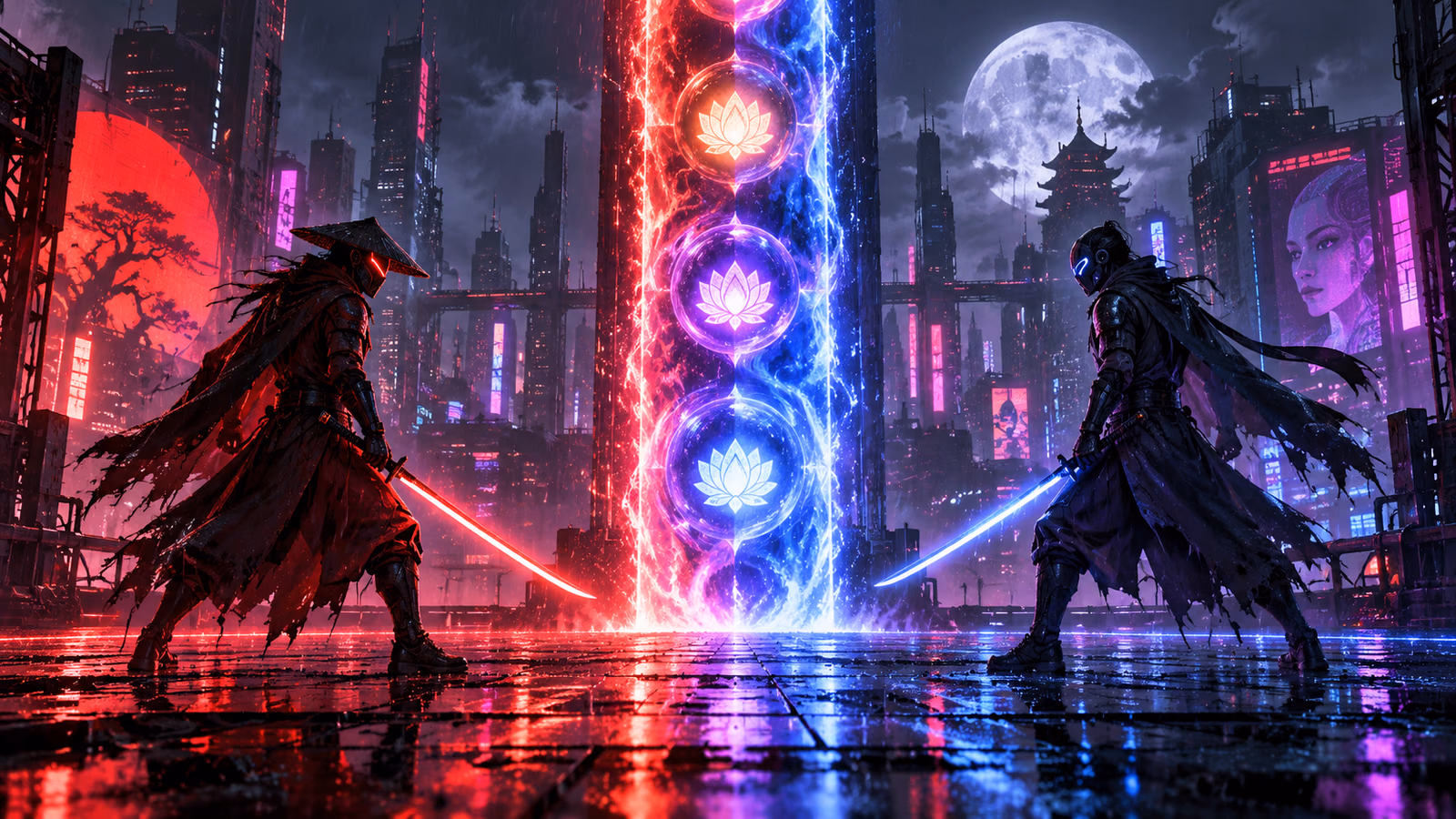Original cyberpunk rooftop duel between two masked samurai around a luminous full-height reel