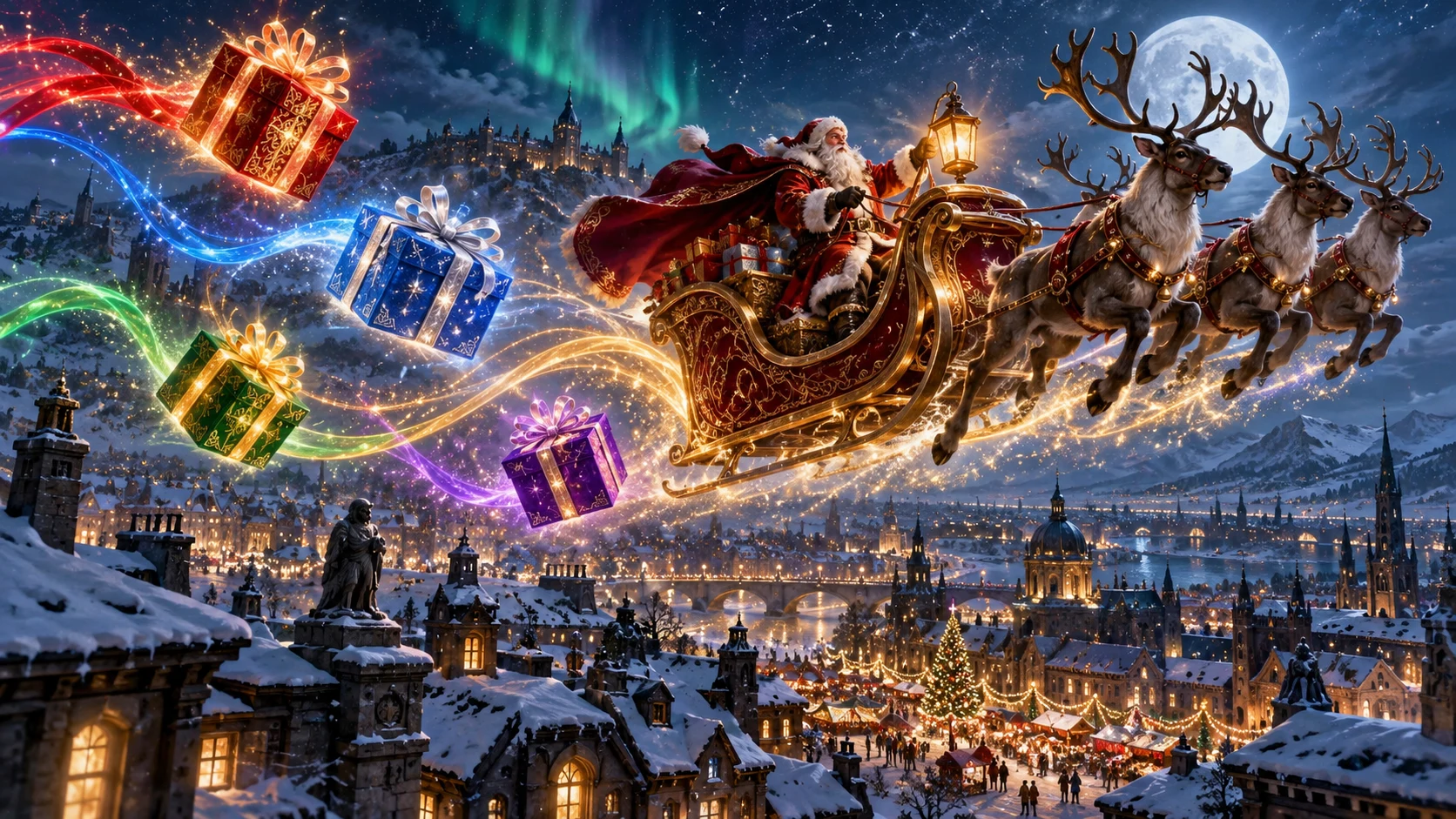 Original editorial artwork of Santa’s sleigh crossing a moonlit winter city with four glowing gifts