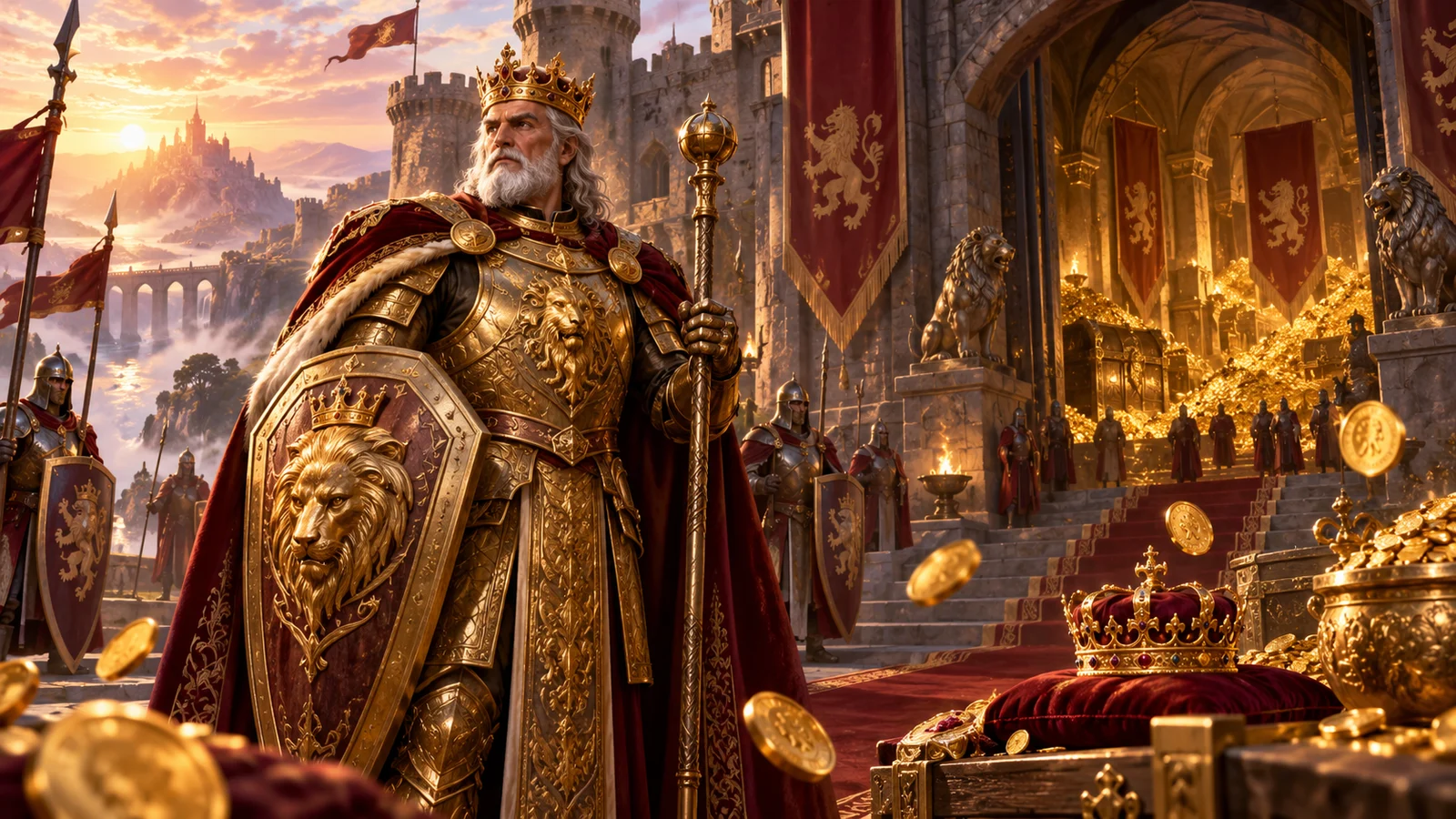 Original fantasy artwork of an elderly golden king at a castle treasury