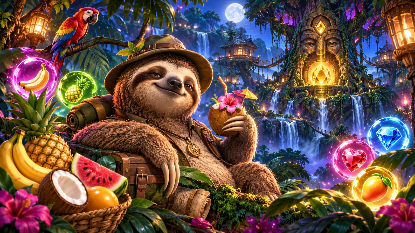 Original artwork of a relaxed sloth explorer in a moonlit tropical jungle with fruit and gem bubbles