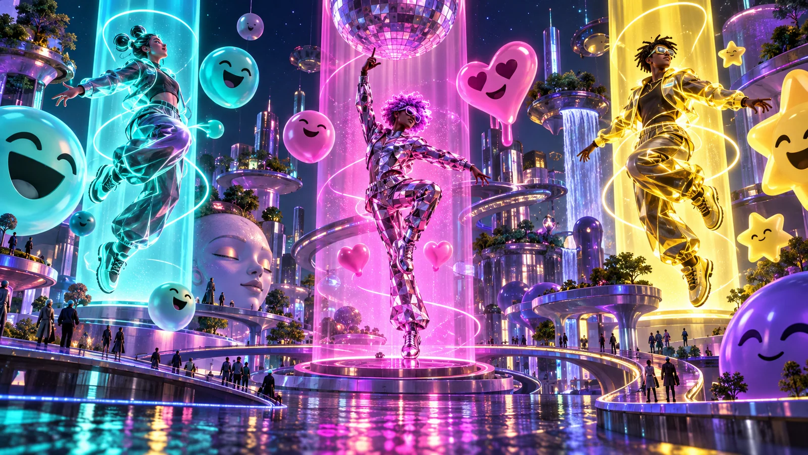 Original editorial artwork of three kinetic light dancers in a futuristic city of expressive icon sculptures