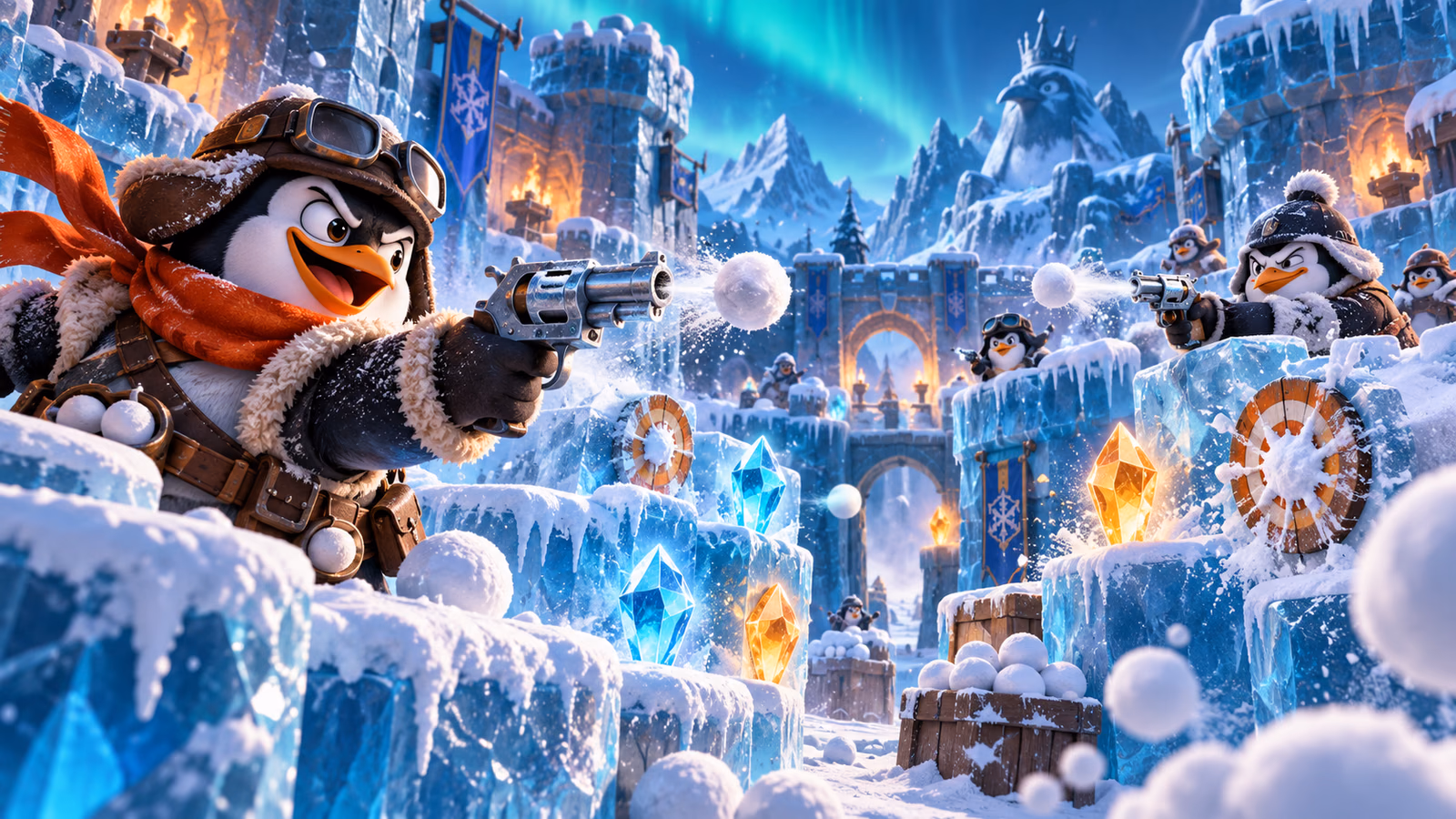 Original winter fortress scene with stylised snow slingers, snowball launchers and glowing ice crystals