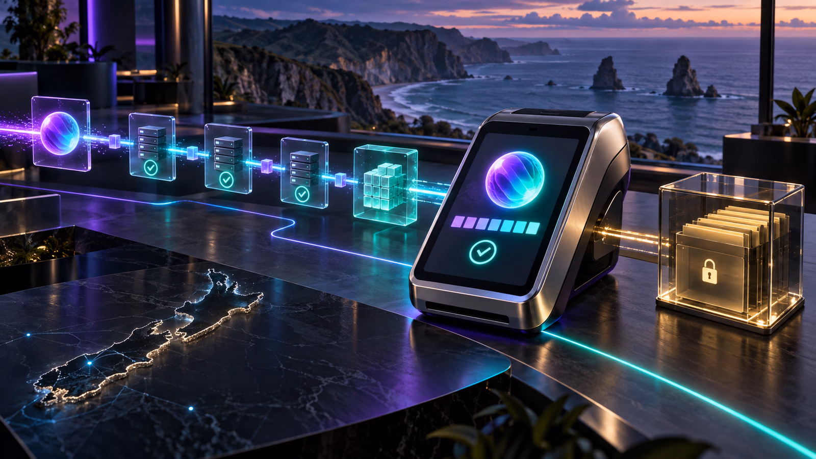 Original Solana payment-verification terminal overlooking the New Zealand coast with transaction checkpoints