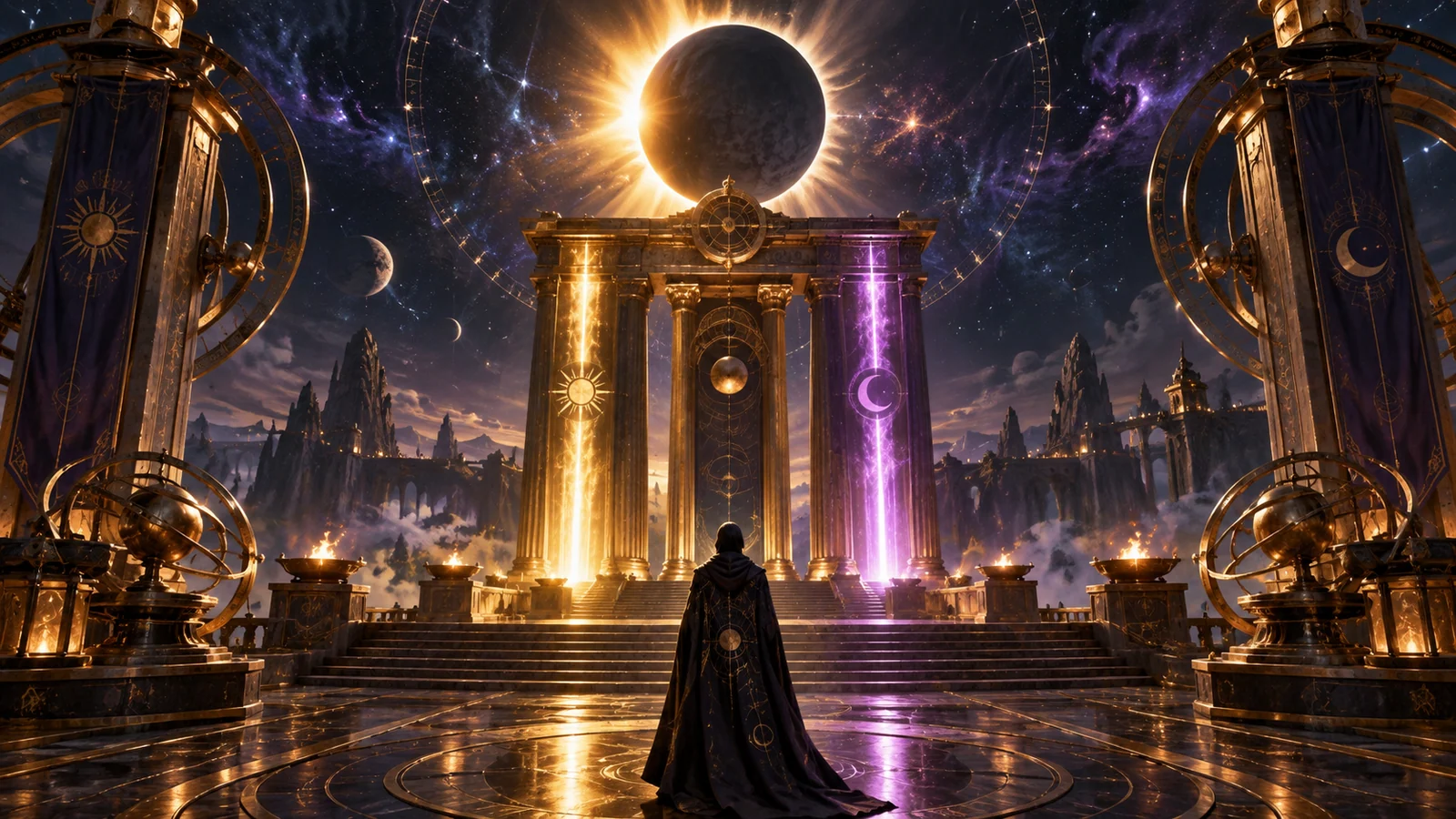 Original editorial artwork of sun and moon aligning over a three-column astronomical temple