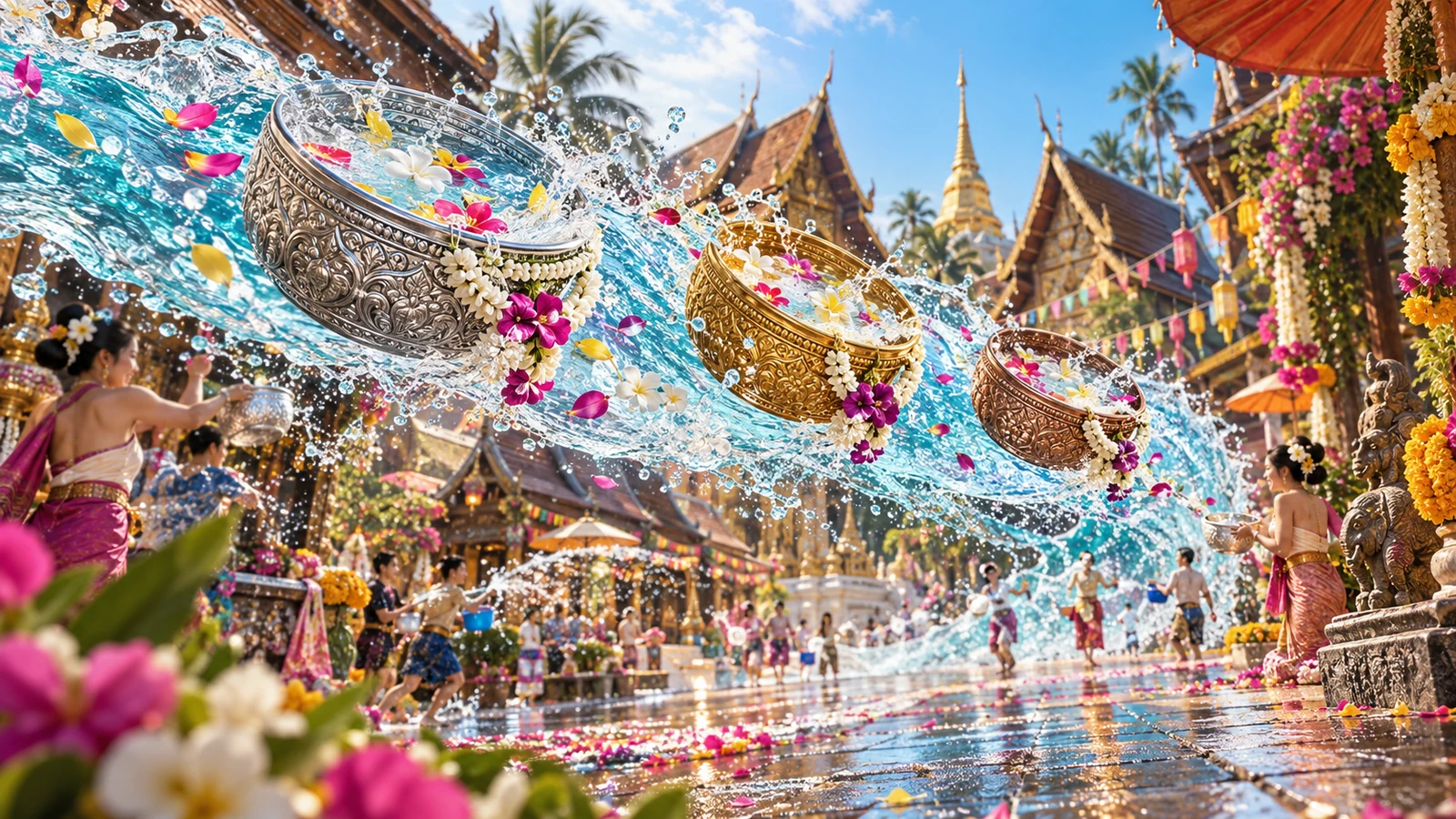 Original editorial artwork of a Thai water festival with three decorated vessels carried through a sweeping arc of water