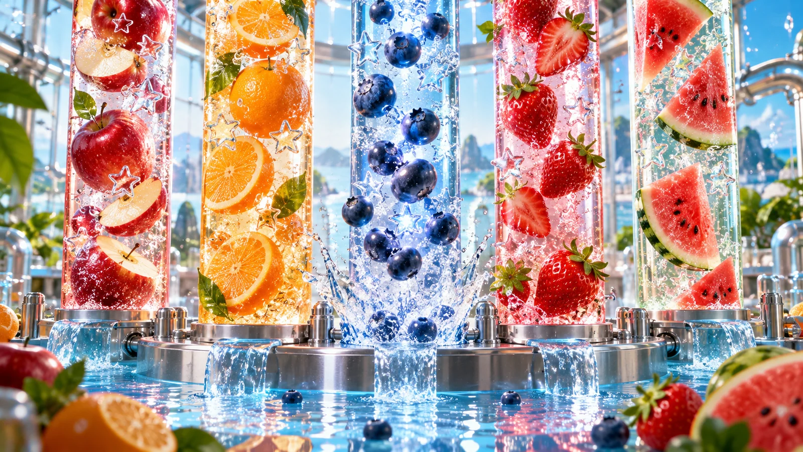 Original editorial artwork of five glass soda columns filled with apples, oranges, blueberries, strawberries and watermelon