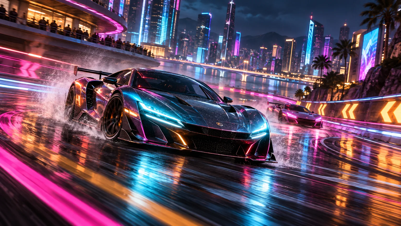 Original editorial artwork of a futuristic racing car drifting through a rain-lit neon city circuit