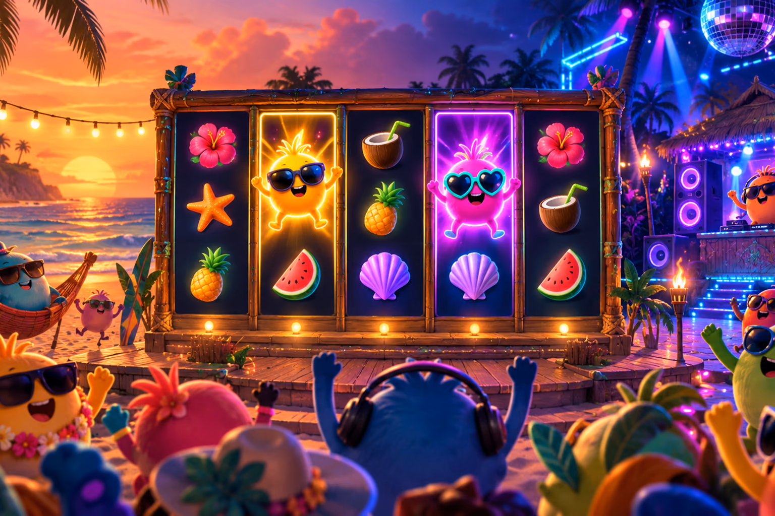Original tropical beach party with colourful round creatures and two sticky neon Wild characters fixed on a five-reel board