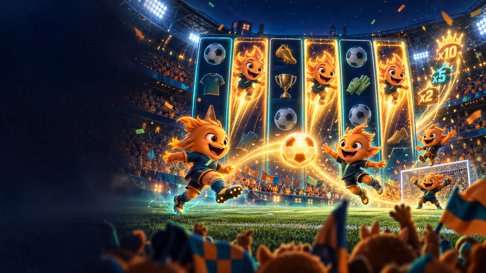 Original fantasy football stadium with orange creatures, moving Wild trails and progressive multiplier sparks