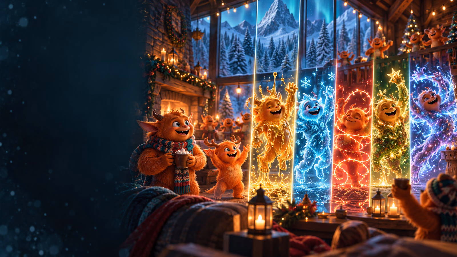 Original orange fantasy creatures at a winter lodge with five sticky luminous figures across abstract reel columns