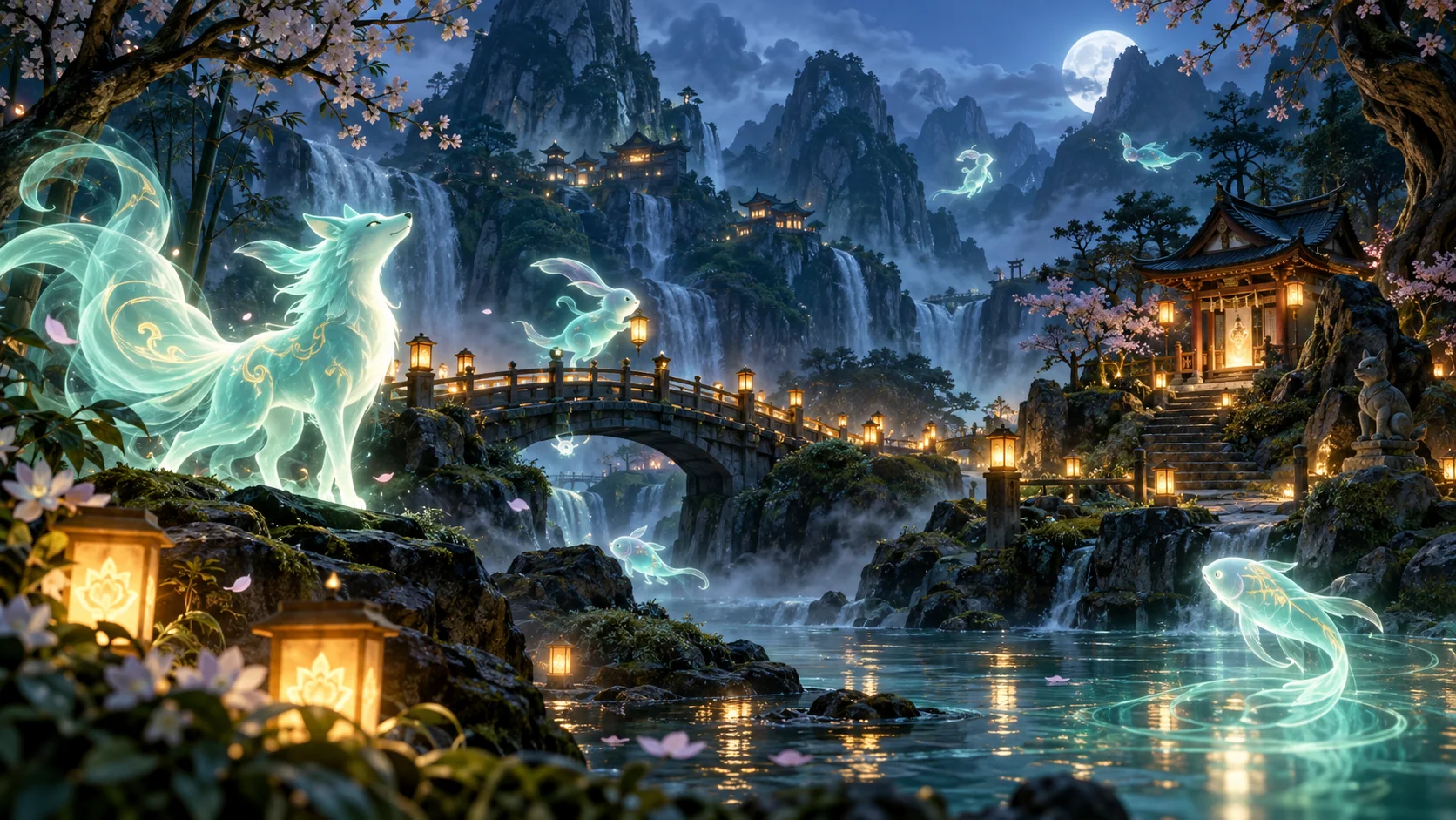 Original editorial artwork of a moonlit spirit valley with lanterns and luminous mountain shrines