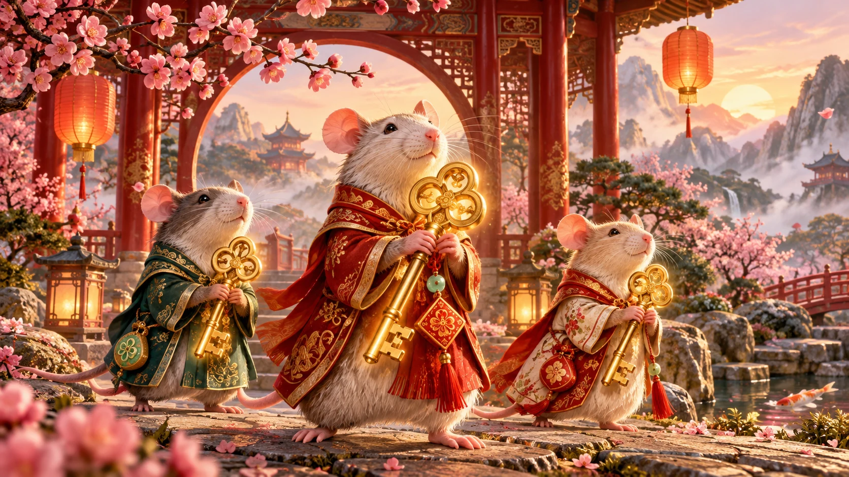 Original editorial artwork of three lucky rats carrying golden keys through a blossoming spring garden