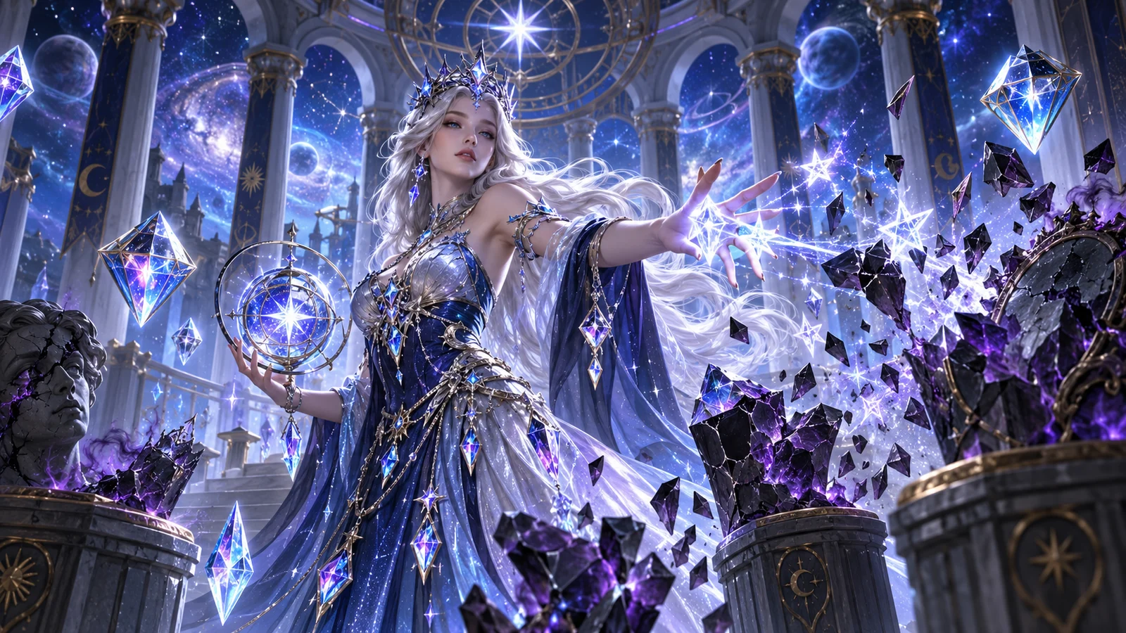Original celestial artwork of a crystal sorceress shattering cursed gems in a star observatory