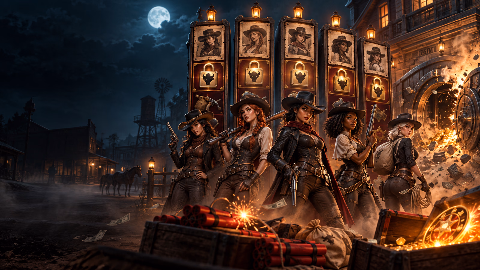 Original moonlit frontier heist with five fictional cowgirl bandits, locked reel posters and an opened safe