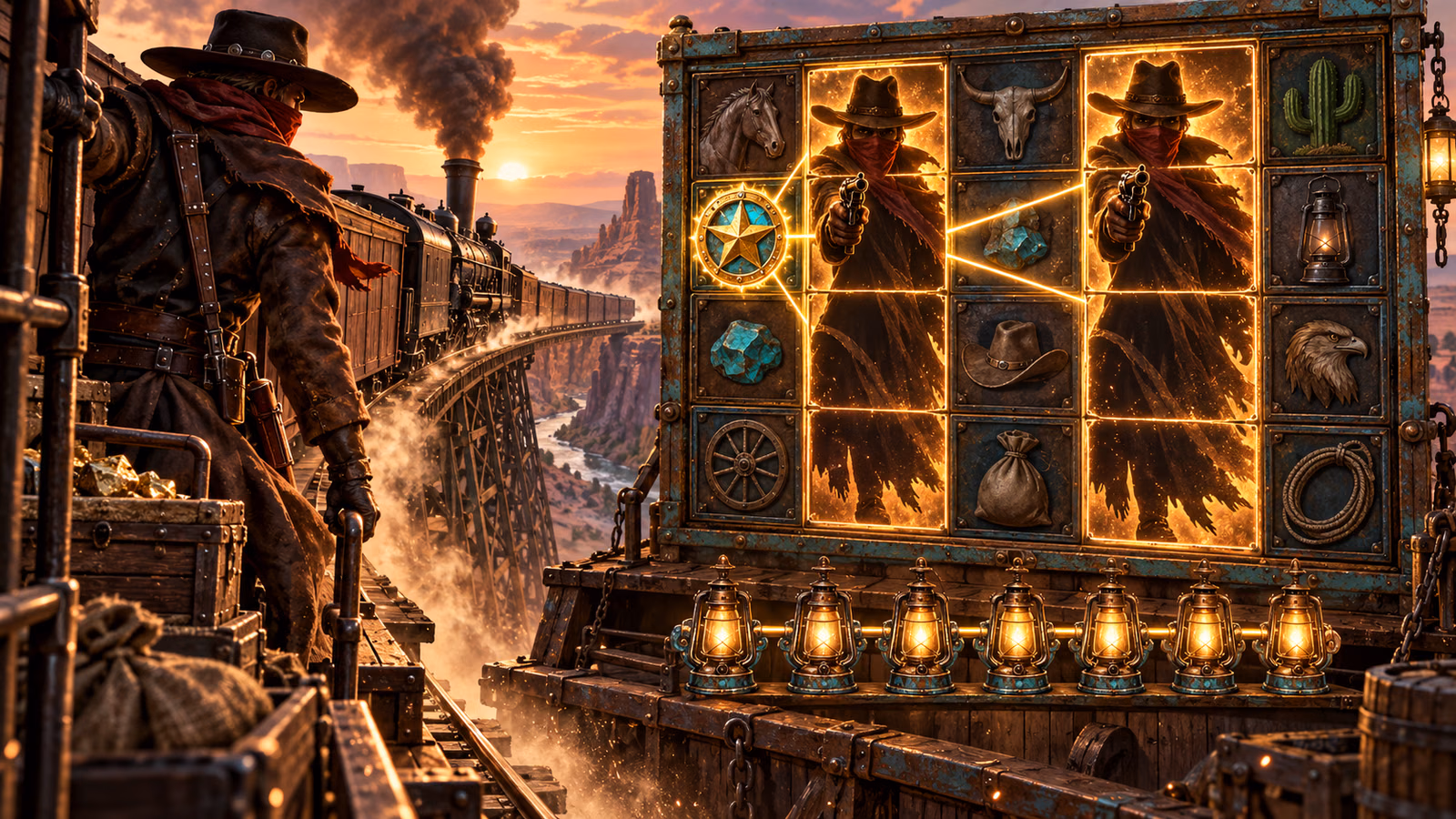 Original western train scene with a five-by-five board, massive masked Wilds on reels two and four and seven persistent lantern stages